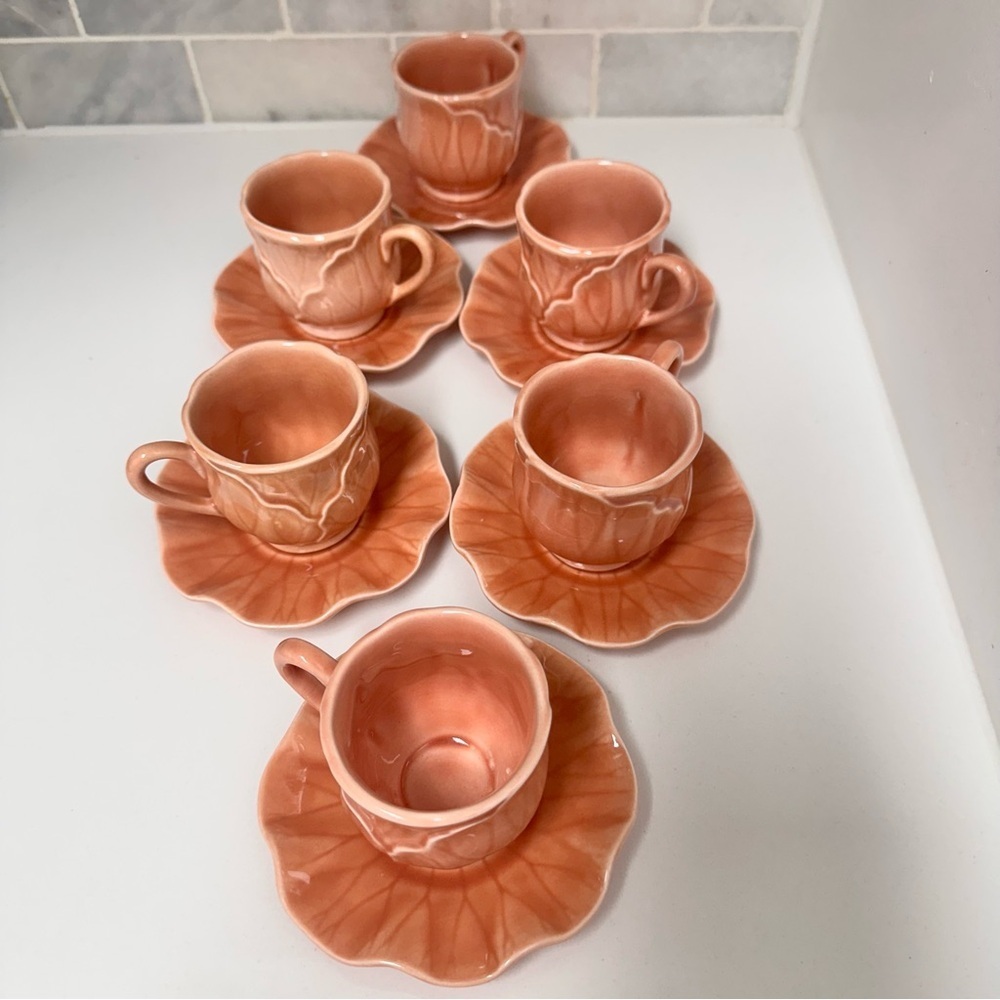 Vtg Peach Apricot Lotus by Metlox PoppyTrail Set Of 6 Espresso Cups W/Saucer EUC